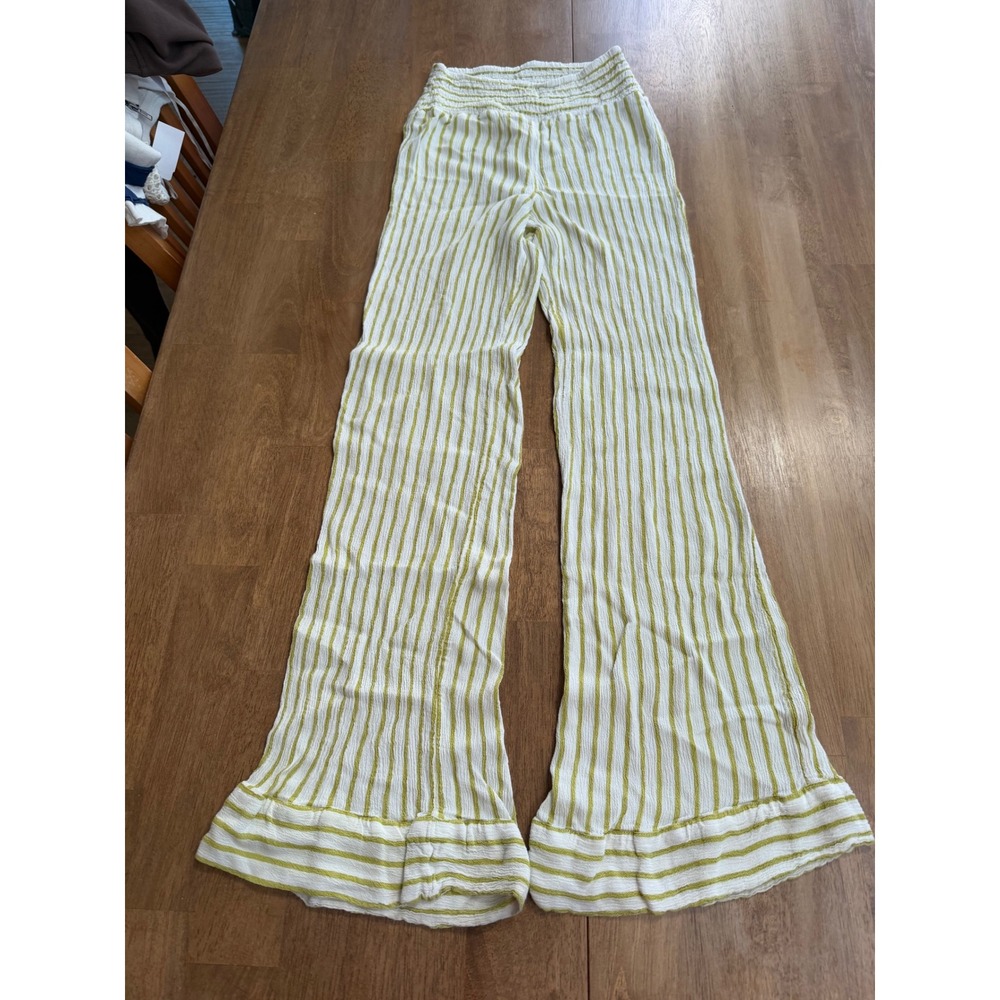 Billabong Womens Wide Leg Striped Beach Pants Lime Green White Smocked Waist S
